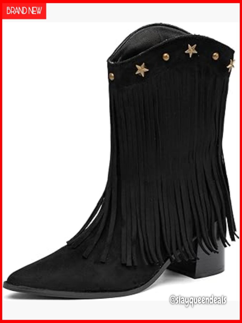 Western Cowgirl Boots with Fringe Chunky Heel Mid Calf Booties